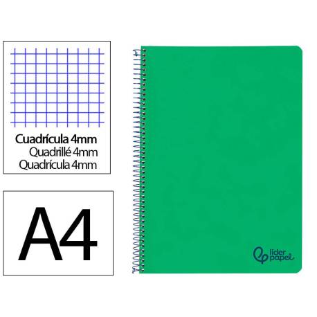 CUADERNO ESPIRAL MARCA LIDERPAPEL A4 WONDER TAPA PLASTICO 80H 90GR CUADRO 4MM CON MARGEN COLOR VERDE OSCURO