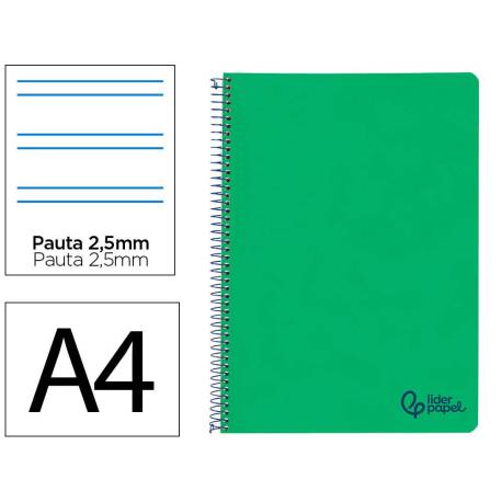 CUADERNO ESPIRAL LIDERPAPEL DIN A4 WONDER TAPA PLASTICO 80H 90GR PAUTA ESTRECHA 2,5MM CON MARGEN COLOR VERDE OSCURO