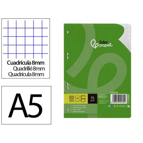 RECAMBIO MARCA LIDERPAPEL DIN A5 100 HOJAS 75 GR CUADRO 8MM CON MARGEN 6 TALADROS