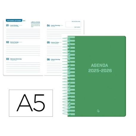 AGENDA ESCOLAR LIDERPAPEL 25-26 ESPIRAL CLASSIC VERDE SEMANA VISTA DIN A5 BILINGÜE PAPEL FSC 70 GR