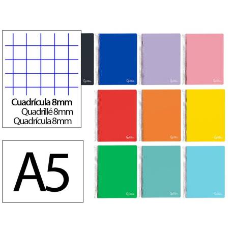 CUADERNO ESPIRAL MARCA LIDERPAPEL DIN A5 WITTY TAPA DURA 80H 90GR CUADRO 8MM CON MARGEN COLORES SURTIDOS