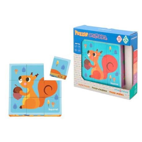 PUZLE INFANTIL MARCA IMAGINOVO MADERA CUBOS DE ANIMALES +24 MESES 15 PIEZAS INCLUYE 12 PATRONES 22X22X6,4CM