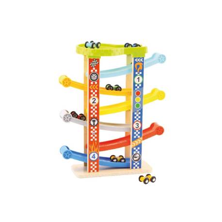 JUEGO INFANTIL MARCA IMAGINOVO MADERA TORRE DE DESLIZAMIENTO CON 7 NIVELES INCLUYE 6 COCHES +18 MESES 38X32X14CM