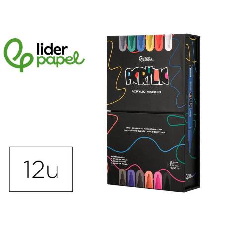 ROTULADOR MARCA LIDERPAPEL ACRYLIC BASE AGUA TODO TIPO DE SUPERFICIE PUNTA REDONDA 3 MM CAJA DE 12 UNIDADES COLORES