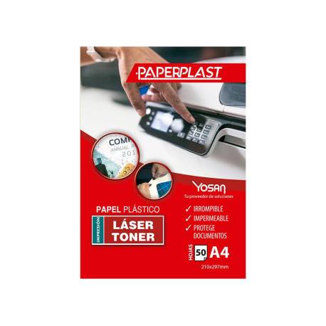 PAPEL PLASTICO MARCA YOSAN PAPERPLAST POLIESTER BLANCO BRILLO DIN A4 200 MC IMPRIMIBLE PAQUETE DE 50 HOJAS