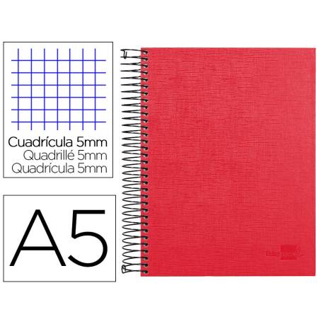 CUADERNO ESPIRAL MARCA LIDERPAPEL A5 MICRO PAPERCOAT TAPA FORRADA 140H 75 GR CUADRO5MM 5 BANDAS 6 TALADROS ROJO