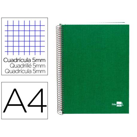 CUADERNO ESPIRAL MARCA LIDERPAPEL A4 MICRO PAPERCOAT TAPA FORRADA 140H 75 GR CUADRO5MM 5 BANDAS 4 TALADROS VERDE