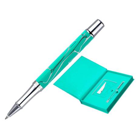 BOLIGRAFO Y WALLET MARCA BELIUS COCKTAILS MOJITO ALUMINIO VERDE PLATEADO RELIEVE TINTA COLOR AZUL CAJA DE DISEÑO