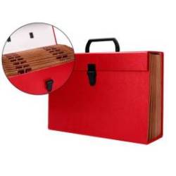 MALETIN LIDERPAPEL CON FUELLE Y ASA CARTON FORRADO 19 DEPARTAMENTOS 255X390X120 MM COLOR ROJO