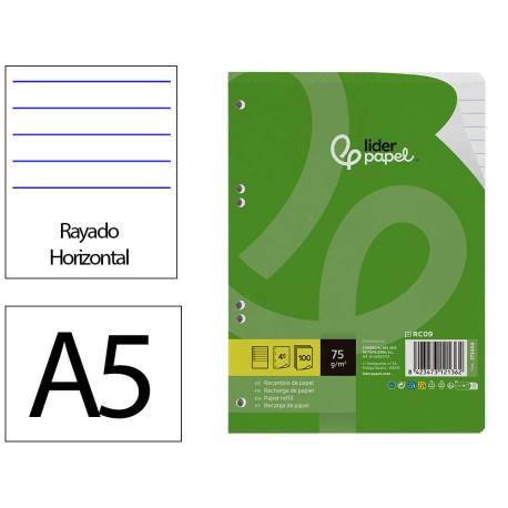 RECAMBIO MARCA LIDERPAPEL DIN A5 100 HOJAS 75 GR HORIZONTAL CON MARGEN 6 TALADROS