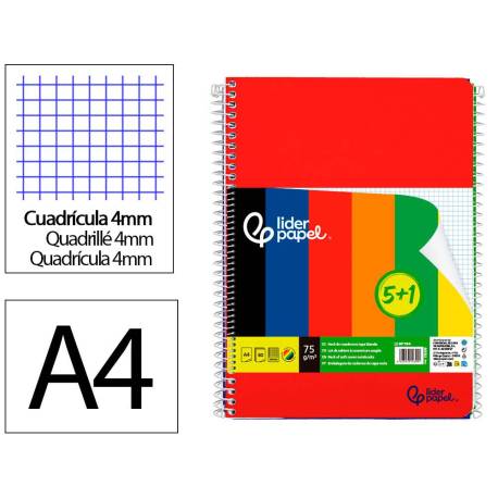 CUADERNO ESPIRAL MARCA LIDERPAPEL DIN A4 SMART TAPA BLANDA 80H 75GR CUADRO 4 MM CON MARGEN PACK 5+1 COLORES SURTIDOS
