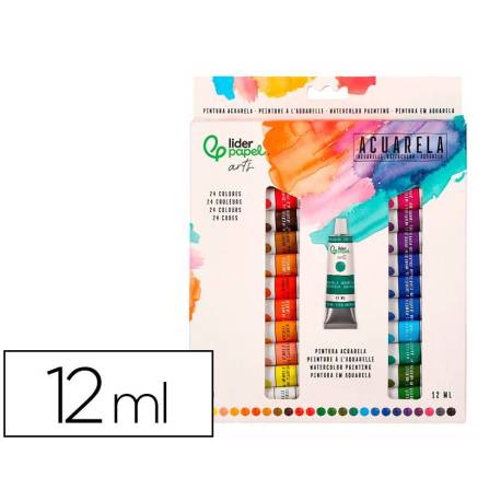 PINTURA DE ACUARELA MARCA LIDERPAPEL CAJA DE 24 TUBOS DE ALUMINIO DE 12 ML COLORES SURTIDOS