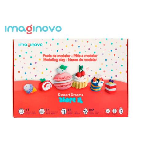 PASTA PARA MODELAR MARCA IMAGINOVO DE SECADO AL AIRE SET DE 12 COLORES SHAPE IT DESSERT DREAM HERRAMIENTAS E INSTRUCCIONES