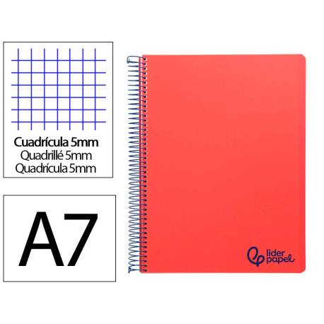 CUADERNO ESPIRAL LIDERPAPEL A7 MICRO WONDER TAPA PLASTICO 100H 90 GR CUADRO 5MM 4 BANDAS COLOR ROJO