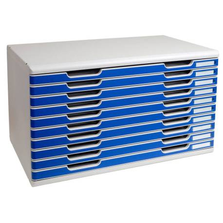 MODULO CAJONES SOBREMESA MARCA EXACOMPTA CLASSIC 10 CAJONES POLIESTIRENO DIN A3 GRIS CLARO/AZUL 576X320X350 MM