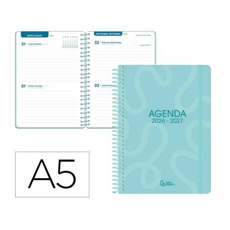 AGENDA ESCOLAR MARCA LIDERPAPEL 26-27 ESPIRAL CLASSIC 2 DIAS PAGINA A5 BILINGUE 70G PAPEL FSC AZUL TURQUESA