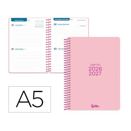 AGENDA ESCOLAR MARCA LIDERPAPEL 26-27 ESPIRAL BASIC 2 DIAS PAGINA A5 BILINGUE 70G PAPEL FSC ROSA