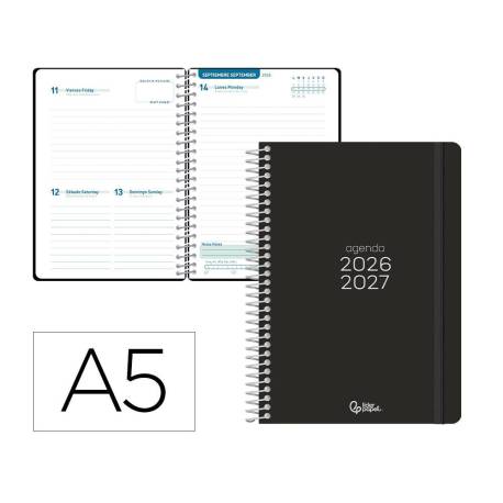 AGENDA ESCOLAR MARCA LIDERPAPEL 26-27 ESPIRAL BASIC DIA PAGINA A5 BILINGUE 70G PAPEL FSC NEGRO