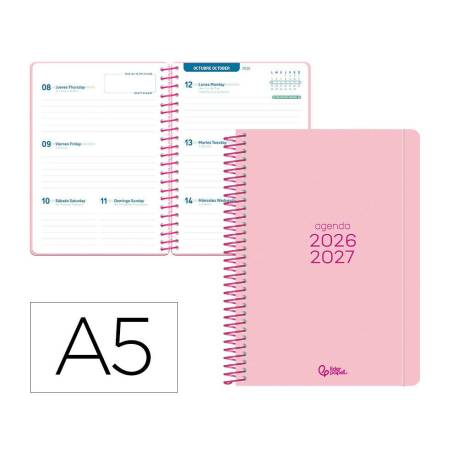AGENDA ESCOLAR MARCA LIDERPAPEL 26-27 ESPIRAL BASIC SEMANA VISTA A5 BILINGUE 70G PAPEL FSC ROSA