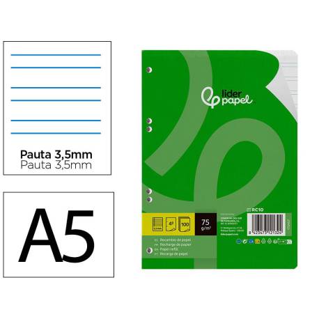 RECAMBIO MARCA LIDERPAPEL DIN A5 100 HOJAS 75 GR PAUTA 4 3.5MM CON MARGEN 6 TALADROS