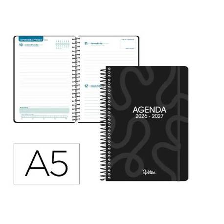AGENDA ESCOLAR LIDERPAPEL 26-27 ESPIRAL CLASSIC DIA PAGINA A5 BILINGUE 70G PAPEL FSC NEGRO