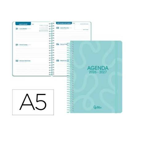 AGENDA ESCOLAR LIDERPAPEL 26-27 ESPIRAL CLASSIC SEMANA VISTA A5 BILINGUE 70G PAPEL FSC AZUL TURQUESA
