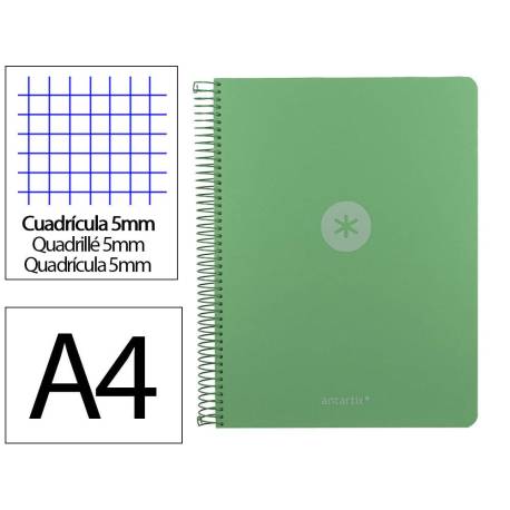 CUADERNO ESPIRAL MARCA ANTARTIK MICRO A4 TAPA FOAM 120H 90GR CUADRO 5MM 5 BANDAS 4 TALADROS COLOR VERDE MATCHA