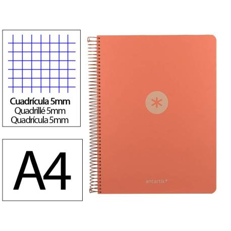 CUADERNO ESPIRAL MARCA ANTARTIK MICRO A4 TAPA FOAM 120H 90GR CUADRO 5MM 5 BANDAS 4 TALADROS COLOR CORAL