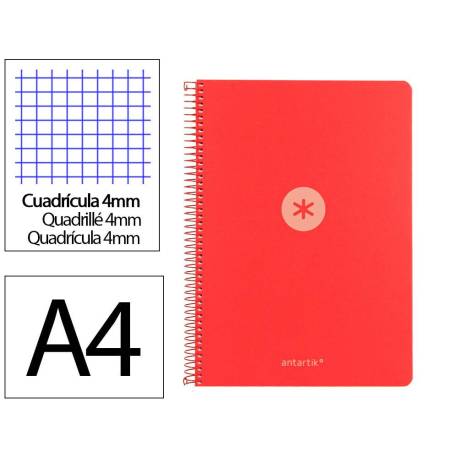 CUADERNO ESPIRAL MARCA ANTARTIK A4 TAPA FOAM 80H 90GR CUADRO 4MM CON MARGEN COLOR ROJO