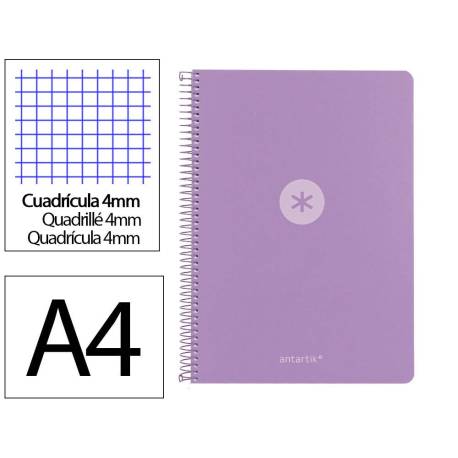 CUADERNO ESPIRAL MARCA ANTARTIK A4 TAPA FOAM 80H 90GR CUADRO 4MM CON MARGEN COLOR LAVANDA