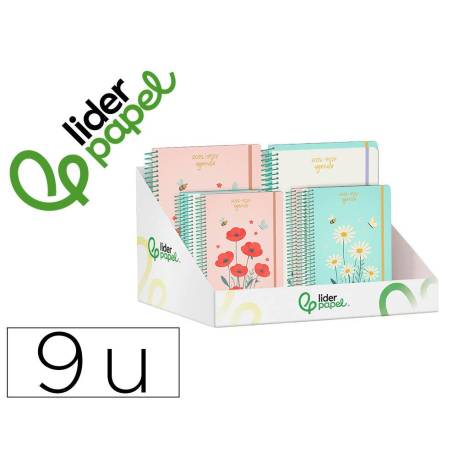 AGENDA ESCOLAR MARCA LIDERPAPEL 26-27 ESPIRAL FLOWERS DISEÑOS SURTIDOS BILINGÜE 80G PAPEL FSC EXPOSITOR 9 UNIDADES