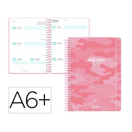 AGENDA ESCOLAR MARCA LIDERPAPEL 26-27 ESPIRAL MILITARY SEMANA VISTA A6+ BILINGUE 80G PAPEL FSC ROSA