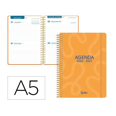 AGENDA ESCOLAR MARCA LIDERPAPEL 26-27 ESPIRAL CLASSIC 2 DIAS PAGINA A5 BILINGUE 70G PAPEL FSC NARANJA