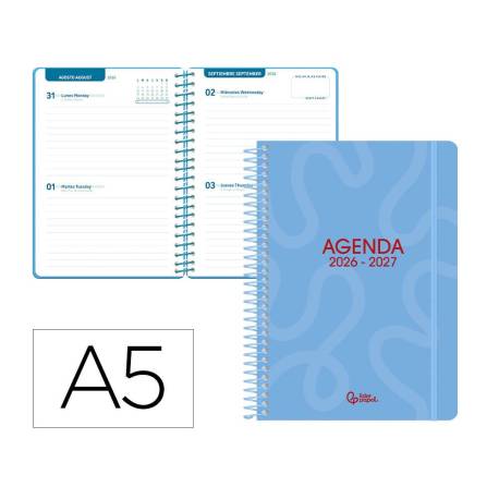 AGENDA ESCOLAR MARCA LIDERPAPEL 26-27 ESPIRAL CLASSIC 2 DIAS PAGINA A5 BILINGUE 70G PAPEL FSC AZUL
