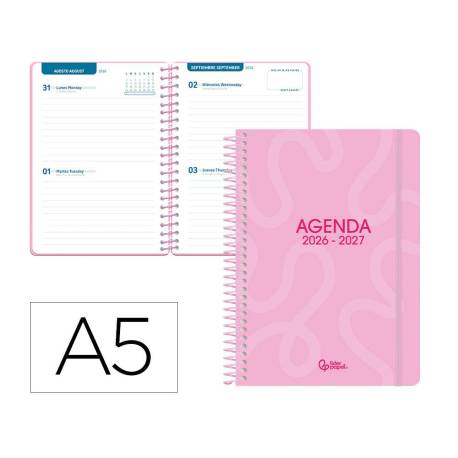 AGENDA ESCOLAR MARCA LIDERPAPEL 26-27 ESPIRAL CLASSIC 2 DIAS PAGINA A5 BILINGUE 70G PAPEL FSC ROSA