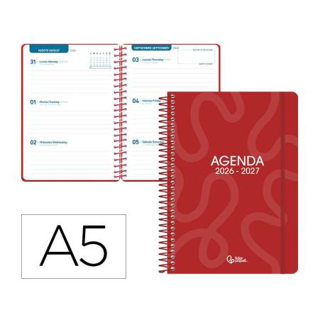 AGENDA ESCOLAR MARCA LIDERPAPEL 26-27 ESPIRAL CLASSIC SEMANA VISTA A5 BILINGUE 70G PAPEL FSC ROJO