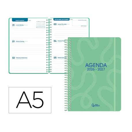 AGENDA ESCOLAR MARCA LIDERPAPEL 26-27 ESPIRAL CLASSIC SEMANA VISTA A5 BILINGUE 70G PAPEL FSC VERDE