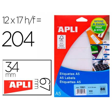 12 x 30 mm Etiquetas Apli adhesivas 01861, en hojas A5