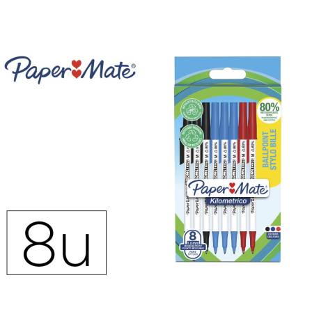 BOLIGRAFO MARCA PAPER MATE KILOMETRICO PUNTA 1 MM PLASTICO RECICLADO 80% BLISTER DE 3 NEGROS / 3