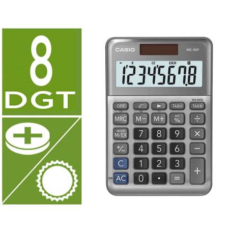CALCULADORA MARCA CASIO MS-80F SOBREMESA 8 DIGITOS TAX +/- COLOR PLATA