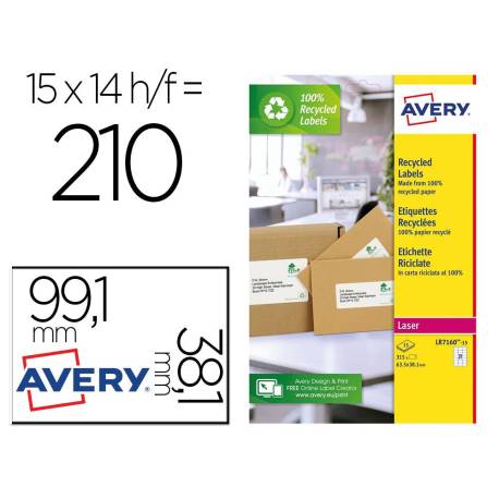 ETIQUETA ADHESIVA AVERY COLOR BLANCA PERMANENTE RECICLADA 100% PARA IMPRESORA LASER 99,1X38,1 MM CAJA DE 210