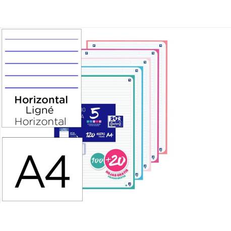 RECAMBIO MARCA OXFORD DIN A4 100 HOJAS + 20 HOJAS GRATIS 90GR HORIZONTAL 4 TALADROS CON BANDA COLORES PASTEL