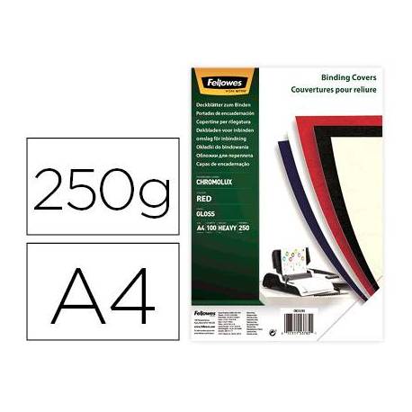 Tapa de Encuadernacion Carton Brillo Fellowes DIN A4 Color Rojo 250 micras pack 100 uds