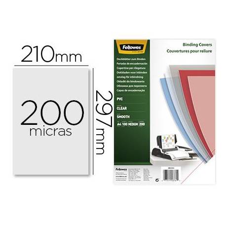 Tapa de Encuadernacion PVC Fellowes DIN A4 Color Transparente Cristal 200 micras pack 100 uds