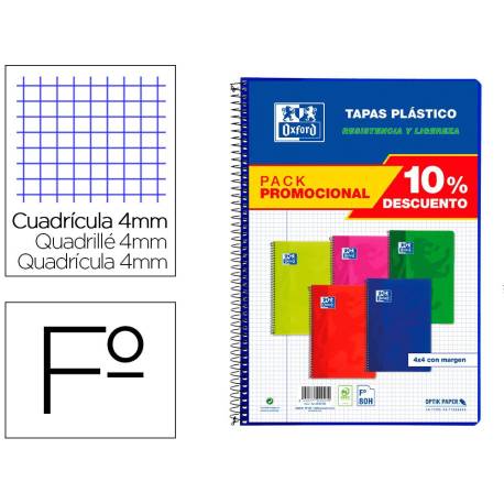 Bloc Oxford Folio Cuadricula 4 mm 80 hojas Pack de 5 unidades COLORES SURTIDOS