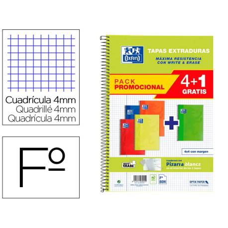 Cuaderno espiral oxford tapa extradura folio 80 hojas cuadro 4 mm con pizarra blancapack 4+1 colores clasicos.