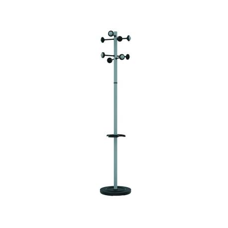 PERCHERO METALICO MARCA UNILUX ACCUEIL PIE 8 COLGADORES CON PARAGUERO Y BANDEJA GOTEO GRIS METALIZADO 177 X 38 CM