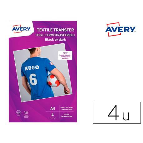 PAPEL TRANSFER MARCA AVERY PARA CAMISETAS ALGODON COLORES OSCUROS INK-JET DIN A4 PACK DE 4 HOJAS
