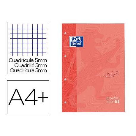 Recambio color 1 oxford din a4+ 80 hojas 90 gr cuadricula 5 mm tapa blanda 4 taladros color coral touch.