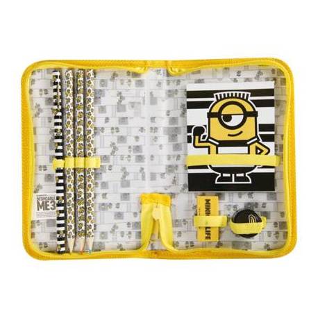 BOLSO PORTATODO SAMBRO CON CREMALLERA MINIONS CON LIBRETA GOMA SACAPUNTAS Y LAPICES COLORES